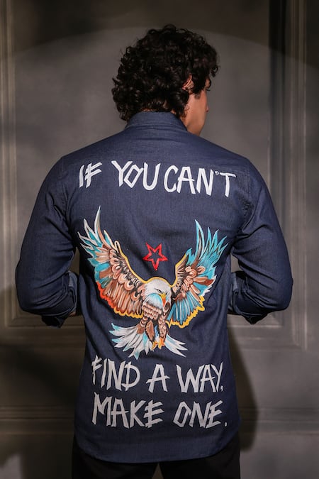 Menero Dark Blue Pure Cotton Denim Embroidered Patch Work Shirt 