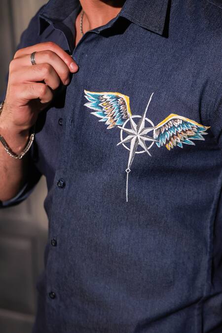 Buy_Menero_Navy Cotton, Denim Embroidery Dark Blue Pure Patch Work Shirt _Online_at_Aza_Fashions