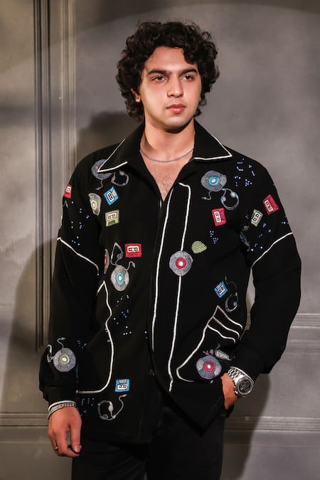 Menero Black Crepe, Lycra Embroidery Shirt 