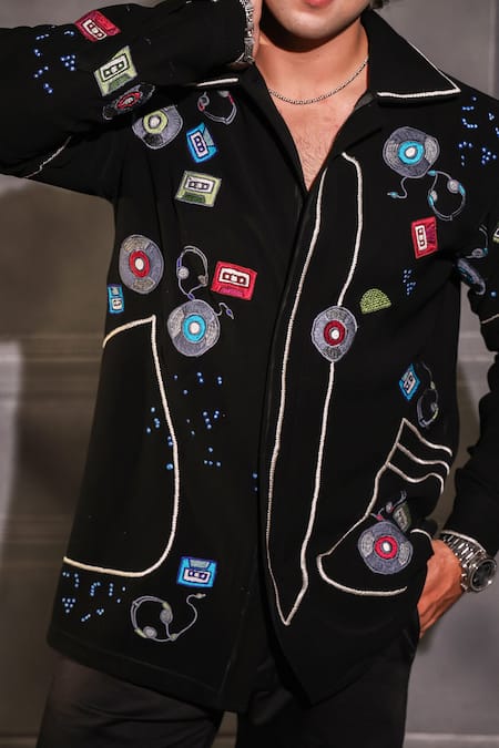 Shop_Menero_Black Crepe, Lycra Embroidery Shirt _Online_at_Aza_Fashions