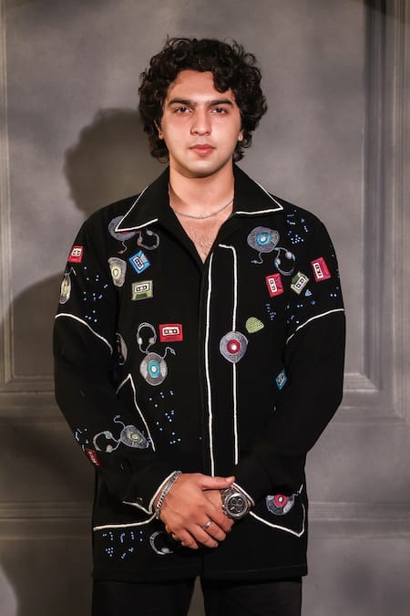 Menero_Black Crepe, Lycra Embroidery Shirt _at_Aza_Fashions