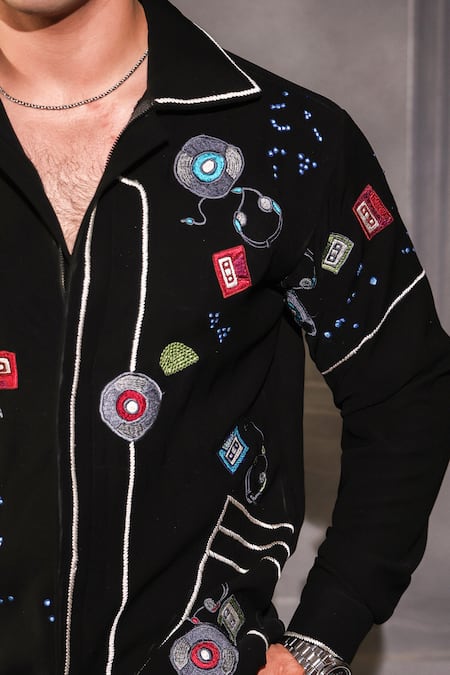 Buy_Menero_Black Crepe, Lycra Embroidery Shirt 