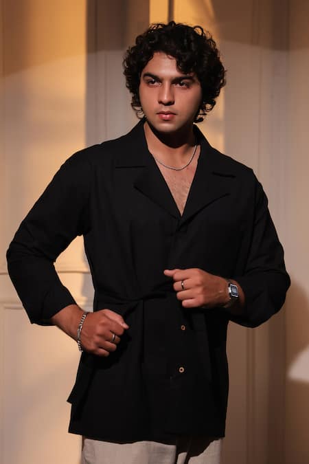 Menero_Black Linen Pure Shirt _Online_at_Aza_Fashions