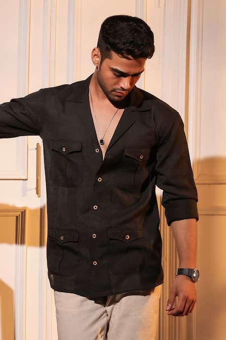 Menero_Black Linen Pure Shirt _Online_at_Aza_Fashions