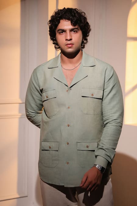 Menero Olive Green Pure Linen Shirt 