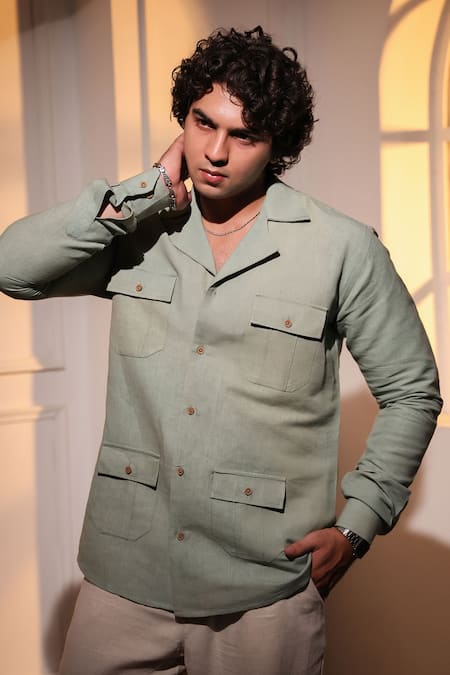 Menero_Olive Green Linen Pure Shirt _Online_at_Aza_Fashions
