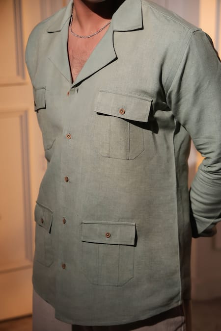 Buy_Menero_Olive Green Linen Pure Shirt _Online_at_Aza_Fashions