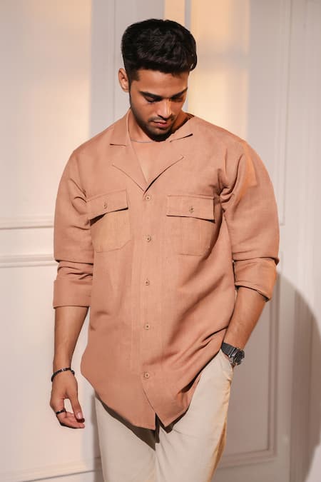 Menero Peach Linen Pure Shirt Online at Aza Fashions Menero_Peach Linen Pure Shirt _Online_at_Aza_Fashions