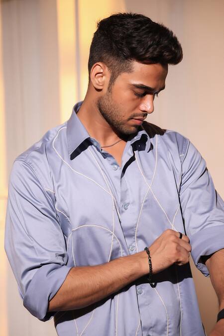 Shop_Menero_Blue Cotton Embroidery Light Pure Linen Shirt _Online_at_Aza_Fashions