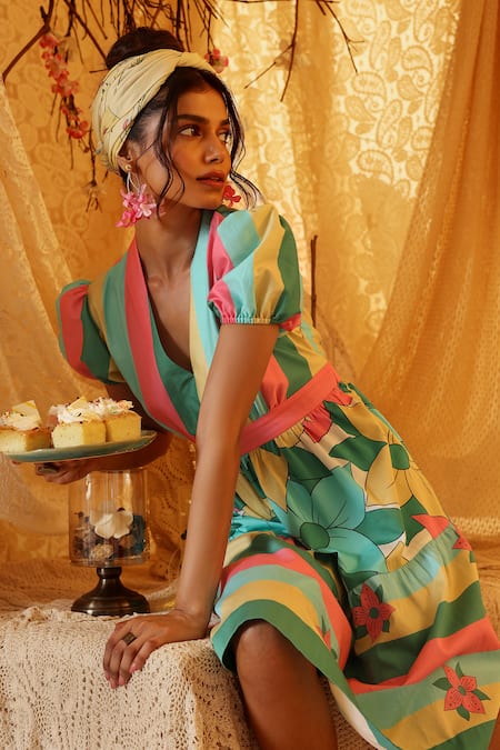 Buy Kritika Murarka Multi Color Cotton V-neck Multicolor Short Tier Dress Online at Aza Fashions Buy_Kritika Murarka_Multi Color Cotton V-neck Multicolor Short Tier Dress _Online_at_Aza_Fashions