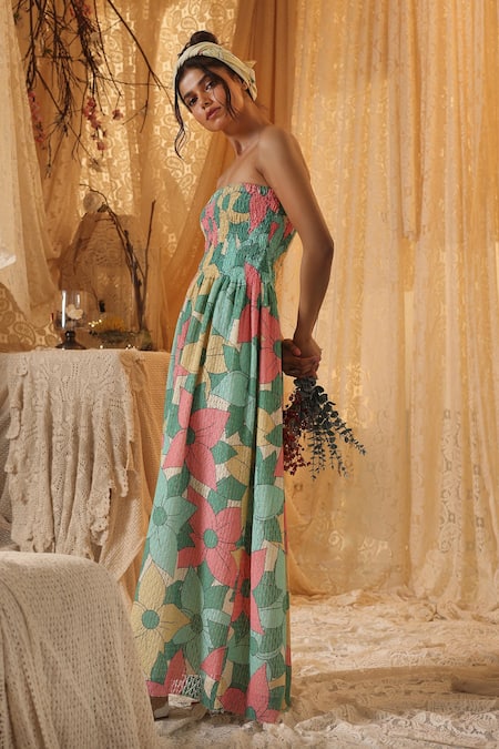 Kritika Murarka Pink Cotton, Net Open Neck Big Floral Net tube Dress Online at Aza Fashions Kritika Murarka_Pink Cotton, Net Open Neck Big Floral Net tube Dress _Online_at_Aza_Fashions