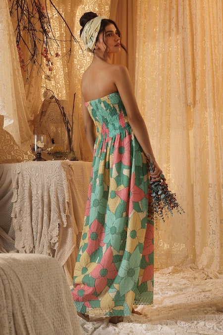 Shop Kritika Murarka Pink Cotton, Net Open Neck Big Floral Net tube Dress at Aza Fashions Shop_Kritika Murarka_Pink Cotton, Net Open Neck Big Floral Net tube Dress _at_Aza_Fashions