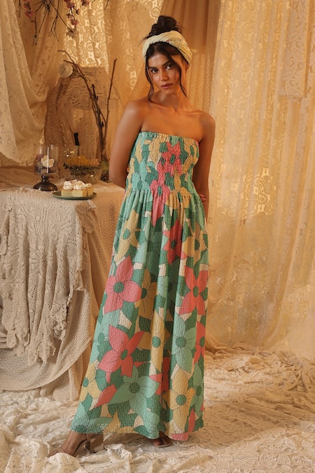 Kritika Murarka Pink Cotton, Net Open Neck Big Floral Net tube Dress 