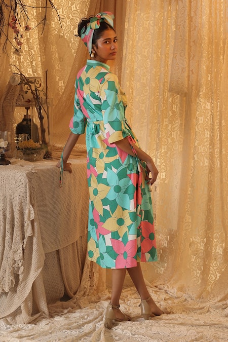 Shop Kritika Murarka Multi Color Cotton Collared Big Floral Allover drawstring Dress at Aza Fashions Shop_Kritika Murarka_Multi Color Cotton Collared Big Floral Allover drawstring Dress _at_Aza_Fashions