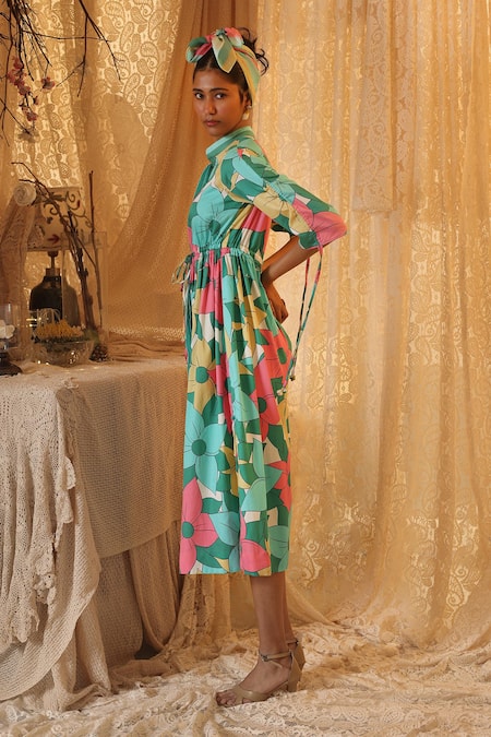 Kritika Murarka Multi Color Cotton Collared Big Floral Allover drawstring Dress Online at Aza Fashions Kritika Murarka_Multi Color Cotton Collared Big Floral Allover drawstring Dress _Online_at_Aza_Fashions