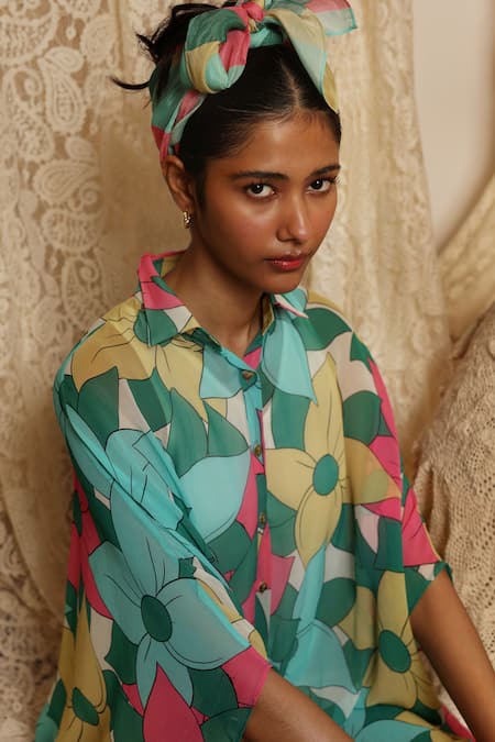 Kritika Murarka Multi Color Chiffon Collared Big Floral Kaftan shirt Dress Online at Aza Fashions Kritika Murarka_Multi Color Chiffon Collared Big Floral Kaftan shirt Dress _Online_at_Aza_Fashions