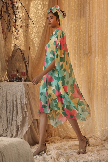 Buy Kritika Murarka Multi Color Chiffon Collared Big Floral Kaftan shirt Dress Online at Aza Fashions Buy_Kritika Murarka_Multi Color Chiffon Collared Big Floral Kaftan shirt Dress _Online_at_Aza_Fashions