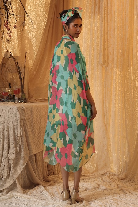 Shop Kritika Murarka Multi Color Chiffon Collared Big Floral Kaftan shirt Dress at Aza Fashions Shop_Kritika Murarka_Multi Color Chiffon Collared Big Floral Kaftan shirt Dress _at_Aza_Fashions
