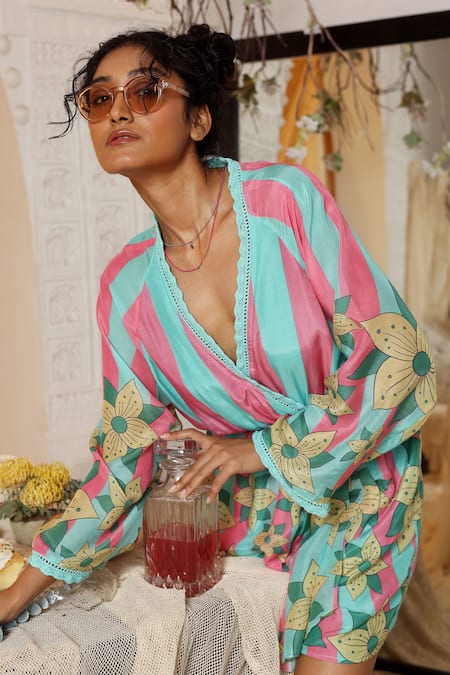Kritika Murarka_Pink Cotton, Silk V-neck Blue Stripe Jumper Dress _Online_at_Aza_Fashions