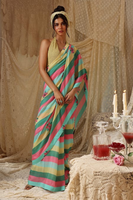 Kritika Murarka Multi Color Cotton, Silk Embroidery Multicolor Stripe Saree 
