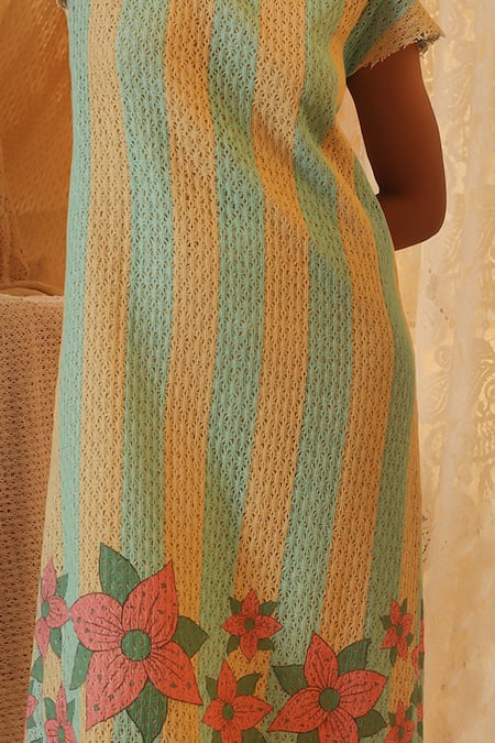 Kritika Murarka_Yellow Cotton, Net Embroidery Round Neck Blue Stripe Midi Dress _Online_at_Aza_Fashions