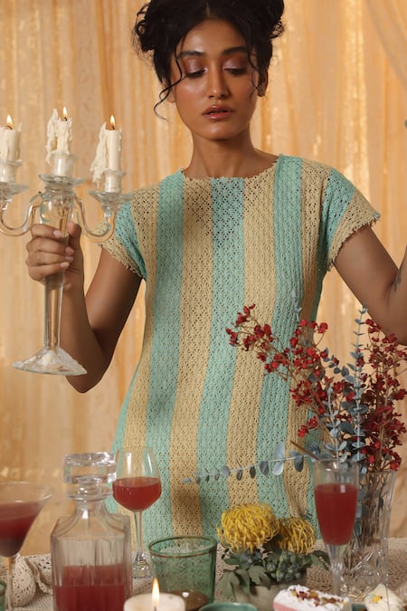 Kritika Murarka_Yellow Cotton, Net Embroidery Round Neck Blue Stripe Midi Dress _at_Aza_Fashions