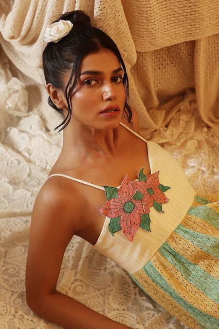 Kritika Murarka Yellow Cotton, Net Fabric Flowers Round Neck Blue Stripe Spaghetti Dress Online at Aza Fashions Kritika Murarka_Yellow Cotton, Net Fabric Flowers Round Neck Blue Stripe Spaghetti Dress _Online_at_Aza_Fashions