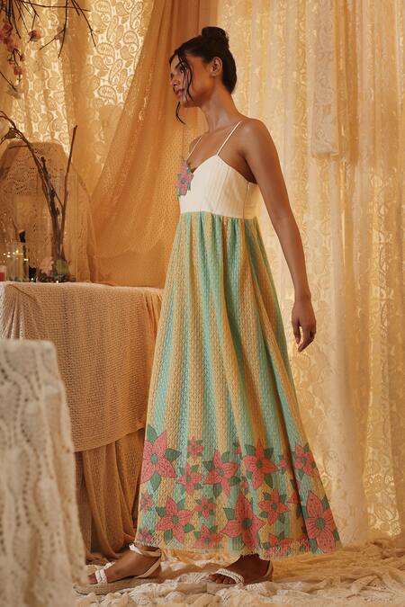 Buy Kritika Murarka Yellow Cotton, Net Fabric Flowers Round Neck Blue Stripe Spaghetti Dress Online at Aza Fashions Buy_Kritika Murarka_Yellow Cotton, Net Fabric Flowers Round Neck Blue Stripe Spaghetti Dress _Online_at_Aza_Fashions