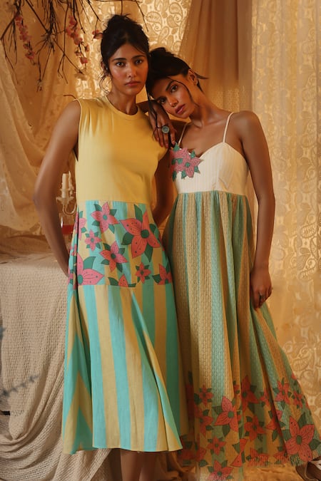 Kritika Murarka Yellow Cotton, Linen Embroidery Crew Neck Jersey Top Tier Dress at Aza Fashions Kritika Murarka_Yellow Cotton, Linen Embroidery Crew Neck Jersey Top Tier Dress _at_Aza_Fashions