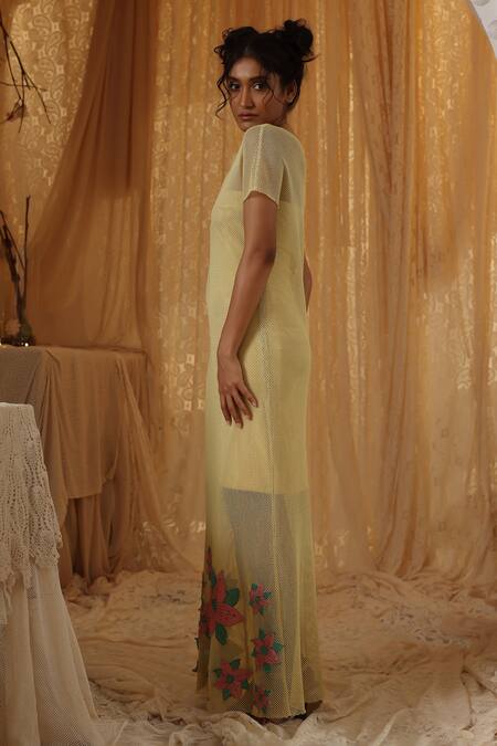 Kritika Murarka Yellow Cotton, Net, Knit Applique Round Neck Online at Aza Fashions Kritika Murarka_Yellow Cotton, Net, Knit Applique Round Neck _Online_at_Aza_Fashions