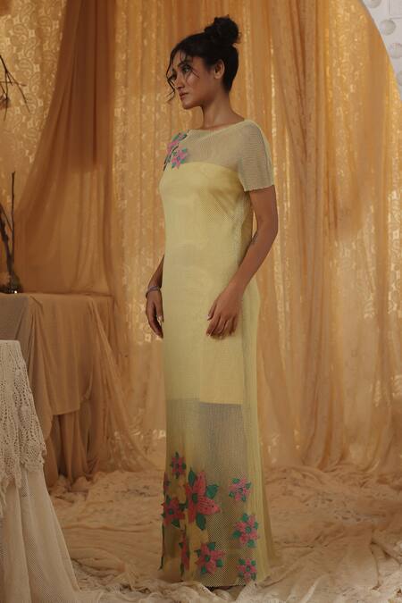 Shop Kritika Murarka Yellow Cotton, Net, Knit Applique Round Neck Online at Aza Fashions Shop_Kritika Murarka_Yellow Cotton, Net, Knit Applique Round Neck _Online_at_Aza_Fashions