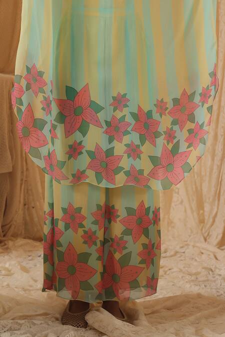 Buy Kritika Murarka Yellow Chiffon Embroidery High Neck Blue Stripe batwing Top And Pant Set Online at Aza Fashions Buy_Kritika Murarka_Yellow Chiffon Embroidery High Neck Blue Stripe batwing Top And Pant Set _Online_at_Aza_Fashions