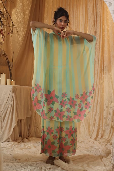 Shop Kritika Murarka Yellow Chiffon Embroidery High Neck Blue Stripe batwing Top And Pant Set Online at Aza Fashions Shop_Kritika Murarka_Yellow Chiffon Embroidery High Neck Blue Stripe batwing Top And Pant Set _Online_at_Aza_Fashions