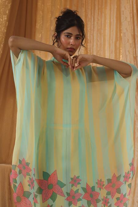 Kritika Murarka Yellow Chiffon Embroidery Mandarin Collar Blue Stripe Chiffon batwing Top Online at Aza Fashions Kritika Murarka_Yellow Chiffon Embroidery Mandarin Collar Blue Stripe Chiffon batwing Top _Online_at_Aza_Fashions
