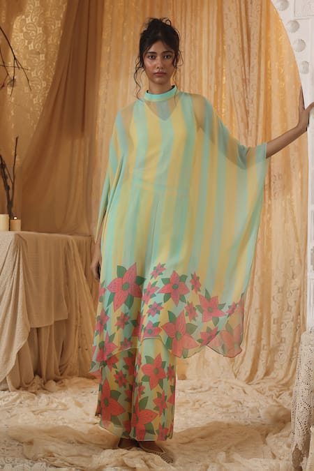 Buy Kritika Murarka Yellow Chiffon Embroidery Mandarin Collar Blue Stripe Chiffon batwing Top Online at Aza Fashions Buy_Kritika Murarka_Yellow Chiffon Embroidery Mandarin Collar Blue Stripe Chiffon batwing Top _Online_at_Aza_Fashions