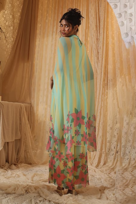 Shop Kritika Murarka Yellow Chiffon Embroidery Mandarin Collar Blue Stripe Chiffon batwing Top at Aza Fashions Shop_Kritika Murarka_Yellow Chiffon Embroidery Mandarin Collar Blue Stripe Chiffon batwing Top _at_Aza_Fashions