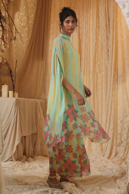 Shop Kritika Murarka Yellow Chiffon Embroidery Mandarin Collar Blue Stripe Chiffon batwing Top Online at Aza Fashions Shop_Kritika Murarka_Yellow Chiffon Embroidery Mandarin Collar Blue Stripe Chiffon batwing Top _Online_at_Aza_Fashions