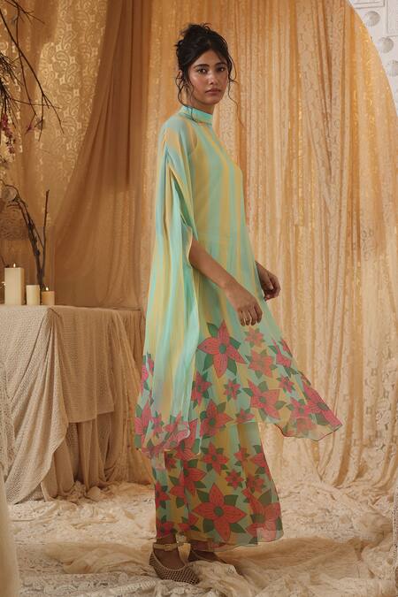 Shop Kritika Murarka Yellow Chiffon High Neck Blue Stripe Spaghetti Dress Online at Aza Fashions Shop_Kritika Murarka_Yellow Chiffon High Neck Blue Stripe Spaghetti Dress _Online_at_Aza_Fashions