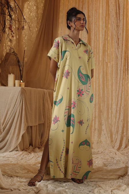 Kritika Murarka_Yellow Cotton Collared Paisley Kaftan Dress _Online_at_Aza_Fashions