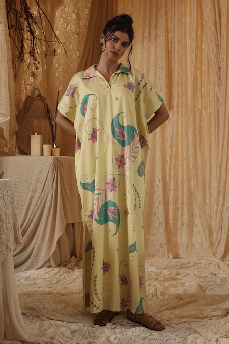 Kritika Murarka Yellow Cotton Collared Paisley Kaftan Dress 