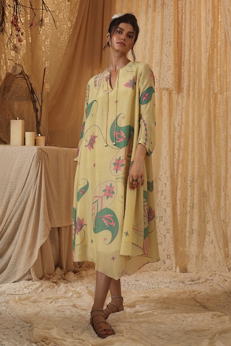 Kritika Murarka_Yellow Cotton, Silk Round Neck Paisley Tunic Dress _Online_at_Aza_Fashions