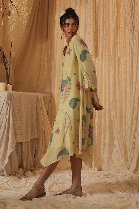 Buy_Kritika Murarka_Yellow Cotton, Silk Round Neck Paisley Tunic Dress _Online_at_Aza_Fashions