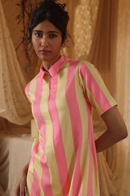 Kritika Murarka_Yellow Cotton Collared Pink Stripe zipper Dress _Online_at_Aza_Fashions