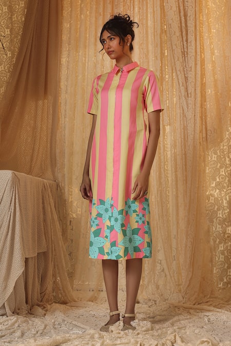 Buy_Kritika Murarka_Yellow Cotton Collared Pink Stripe zipper Dress _Online_at_Aza_Fashions