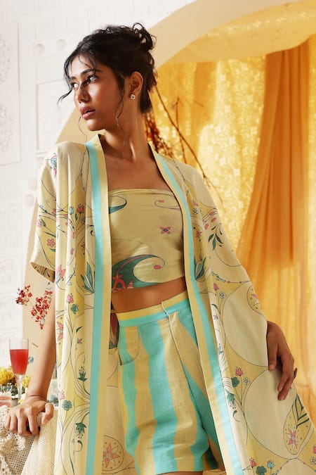 Kritika Murarka Yellow Cotton Round Neck Circle Print Jacket Online at Aza Fashions Kritika Murarka_Yellow Cotton Round Neck Circle Print Jacket _Online_at_Aza_Fashions