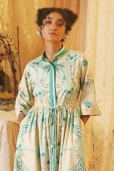 Kritika Murarka Mint Cotton Collared Circle Print Drawstring dress Online at Aza Fashions Kritika Murarka_Mint Cotton Collared Circle Print Drawstring dress _Online_at_Aza_Fashions