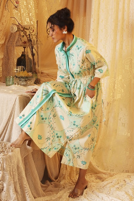 Buy_Kritika Murarka_Mint Cotton Collared Circle Print Drawstring dress _Online_at_Aza_Fashions