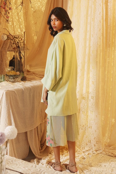 Shop Kritika Murarka Mint Linen, Cotton, Net Applique Collared Green Shirt And floral Skirt Set at Aza Fashions Shop_Kritika Murarka_Mint Linen, Cotton, Net Applique Collared Green Shirt And floral Skirt Set _at_Aza_Fashions