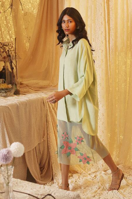Kritika Murarka Mint Linen, Cotton, Net Applique Collared Green Shirt And floral Skirt Set at Aza Fashions Kritika Murarka_Mint Linen, Cotton, Net Applique Collared Green Shirt And floral Skirt Set _at_Aza_Fashions