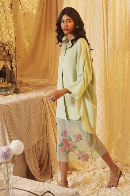 Kritika Murarka Mint Cotton, Net Applique Green Floral Skirt 